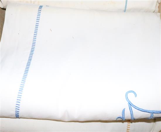 6 French coarse linen coloured monogrammed sheets